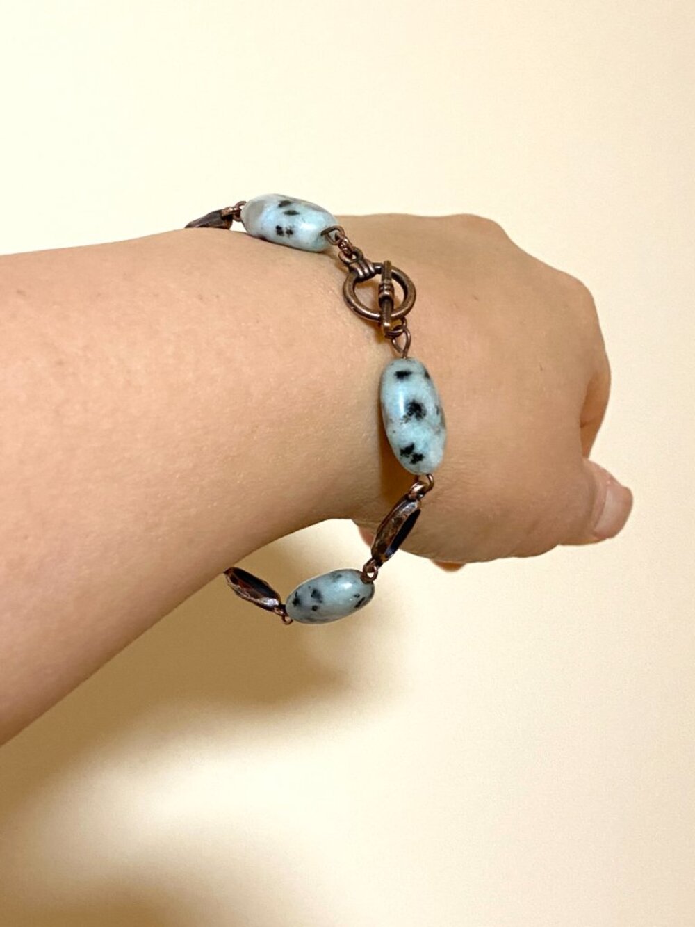 2/$20, Natural Kiwi Stone Bracelet, Genuine Gemstone & Copper Links - Picture 8 of 10